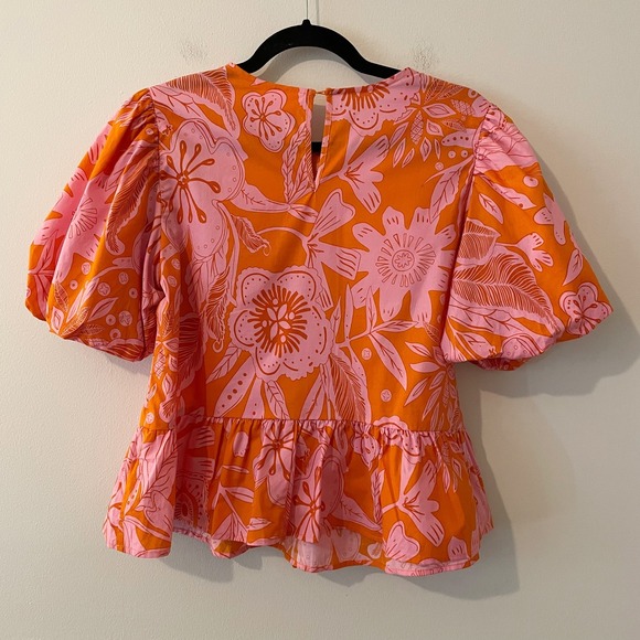 Melloday Floral Tie Front Top Pink Orange Size S Puff Sleeve Ruffles Boho Preppy - Picture 2 of 8